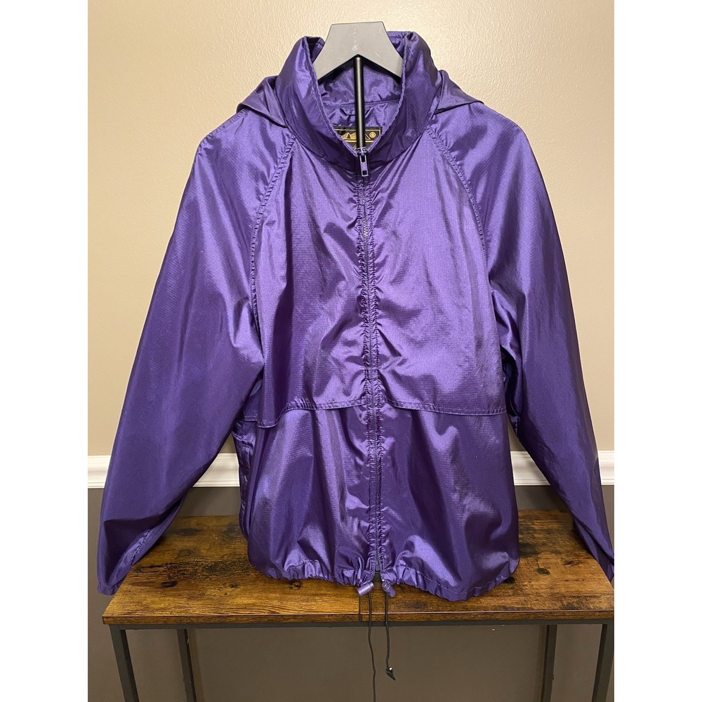 Vintage Eddie Bauer Rain Jacket Mens Large Purple Vented Nylon Zip Packable Hood